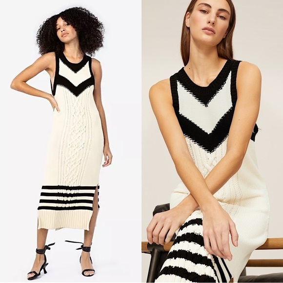 TANYA TAYLOR Chevron Striped Cable Knit Organic Cotton Sleeveless Sweater Dress - Picture 1 of 11